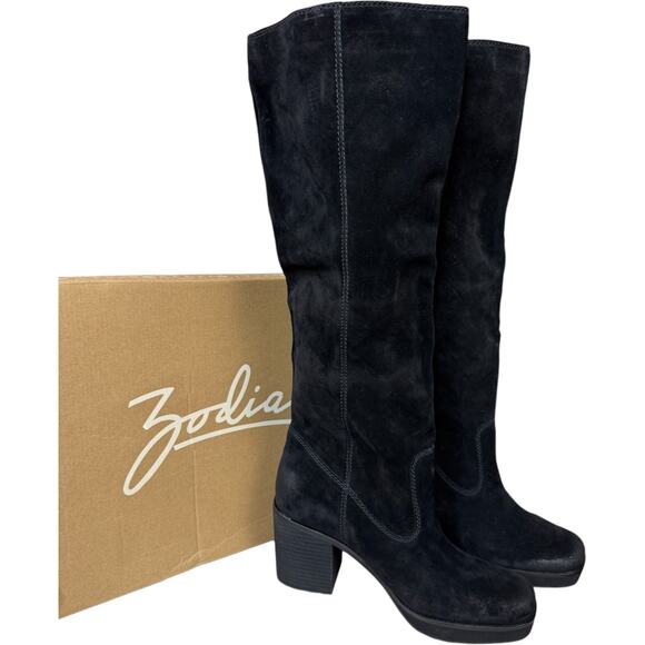 Zodiac Padma Black Suede Leather Tall Boots Size 10M Block Heel Knee High New - Picture 1 of 8